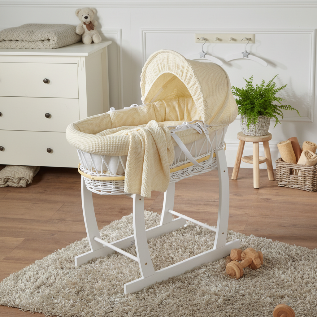 Cream Waffle White Wicker Moses Basket nursery lifestyle