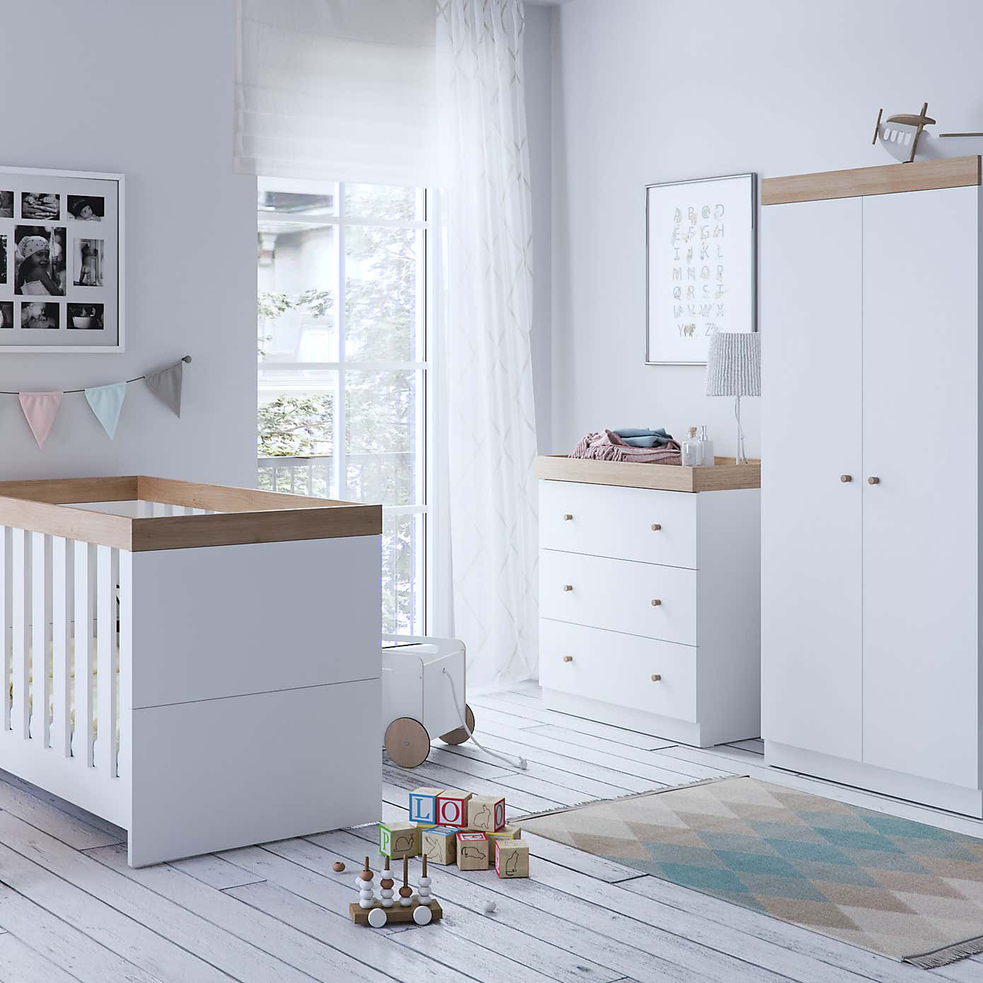 Little Acorns Burlington 2 Piece Nursery Furniture Set with Cot Bed and Dresser - White & Oak