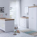 Little Acorns Burlington 3 Piece Nursery Furniture Set with Cot Bed, Dresser and Wardrobe - White & Oak