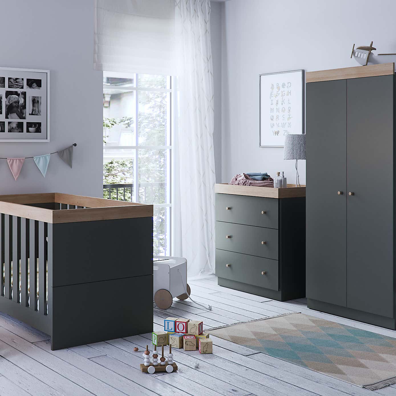 Little Acorns Burlington 2 Piece Nursery Furniture Set with Cot Bed and Dresser - Anthracite Grey & Oak