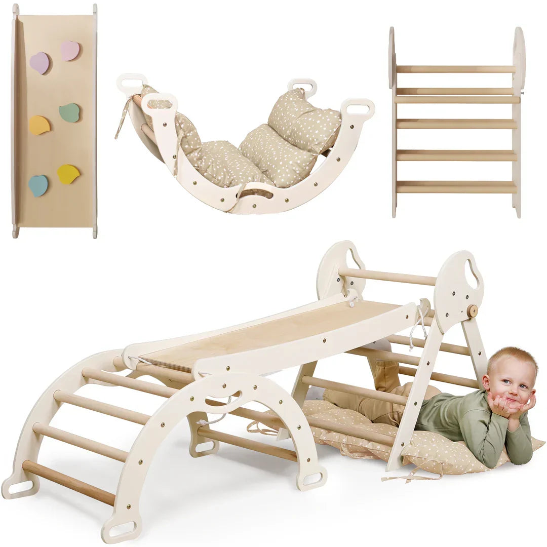 4in1 Montessori Climbing Frame: Pikler Triangle + Arch + Slide Board + Cushion for Toddlers (1–3 Years) - Ivory - Ivory