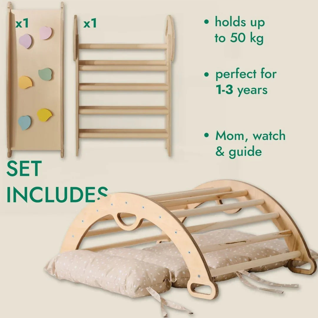 4in1 Montessori Climbing Frame: Pikler Triangle + Arch + Slide Board + Cushion for Toddlers (1–3 Years) - Ivory - 4in1