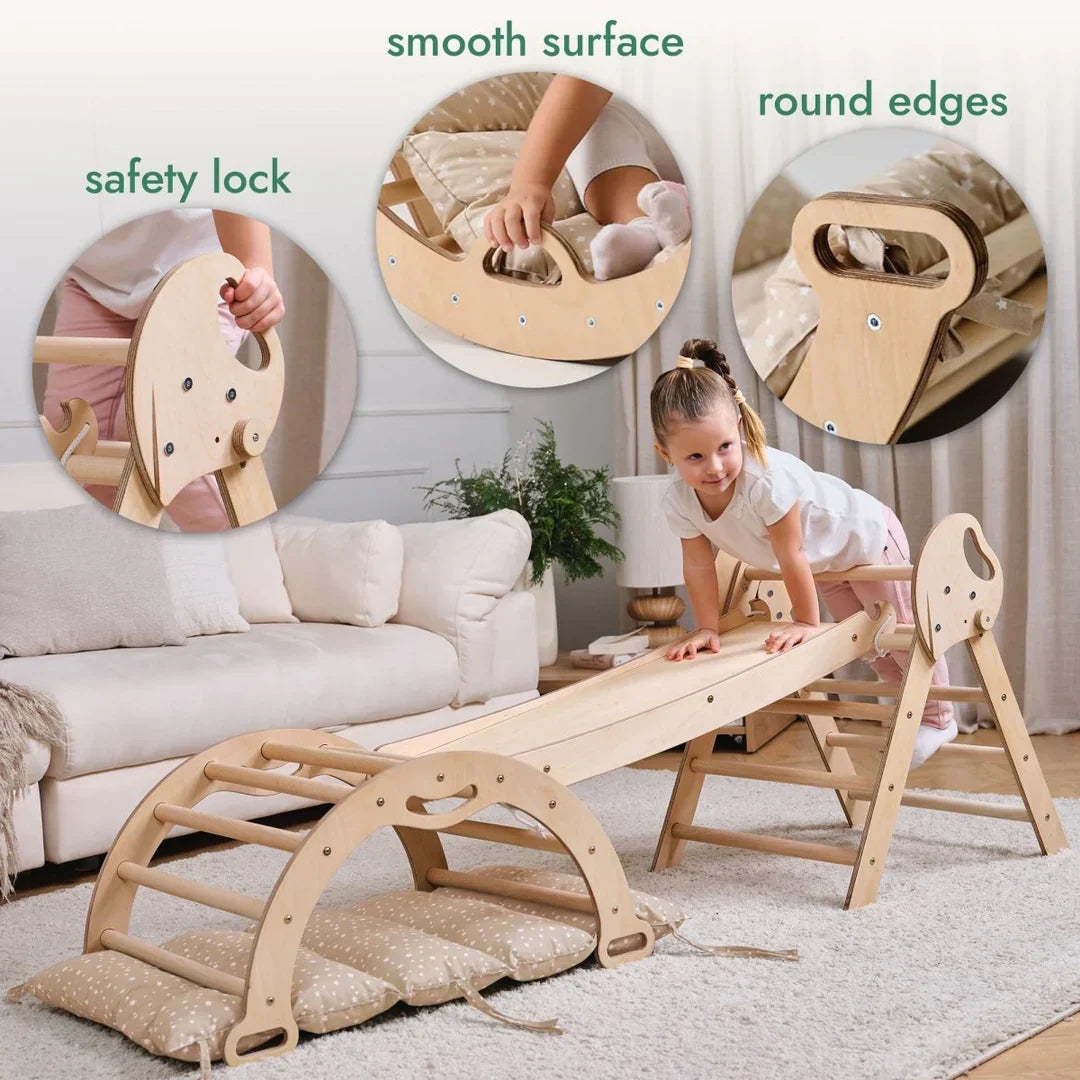 4in1 Montessori Climbing Frame: Pikler Triangle + Arch + Slide Board + Cushion for Toddlers (1–3 Years) - Ivory - 4in1