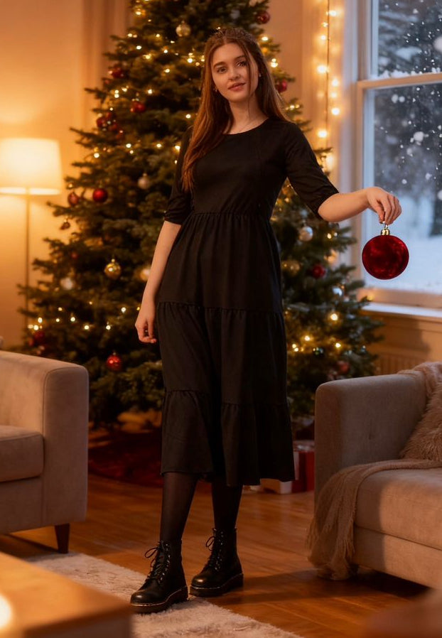 The Midi Breastfeeding Dress - Beth Black Cotton-3