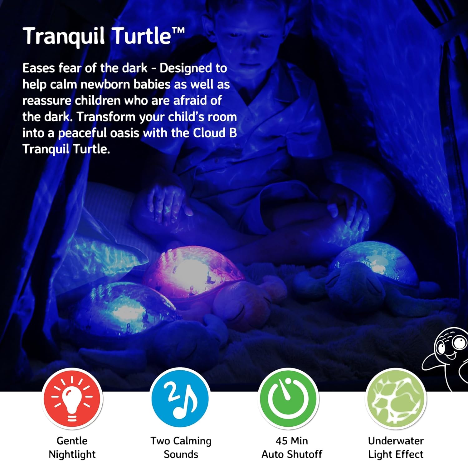 Cloud B Tranquil Turtle Rechargeable Projector Nightlight with White Noise Soothing Sounds - Aqua Blue