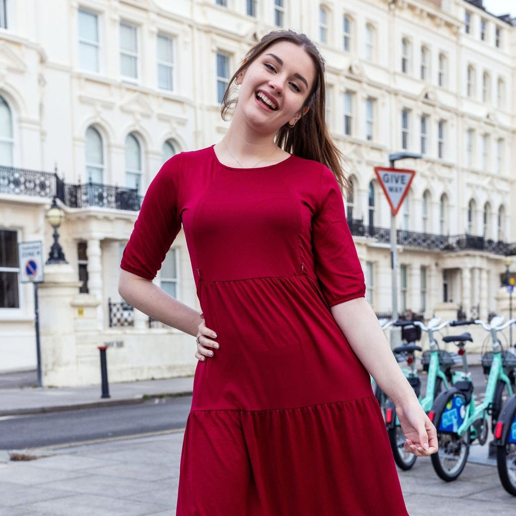 The Midi Breastfeeding Dress - Burgundy Cotton