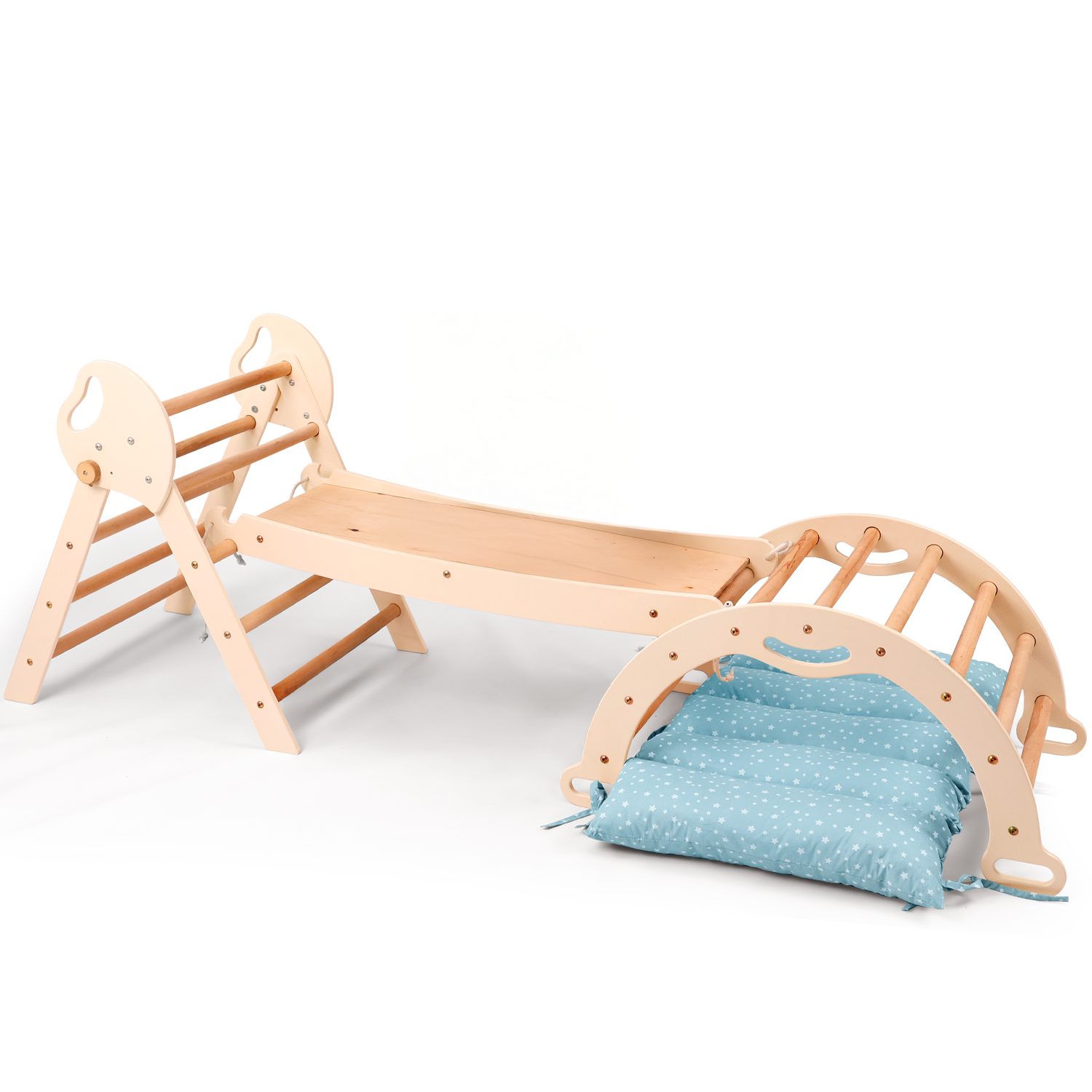 4in1 Montessori Climbing Frame: Pikler Triangle + Arch + Slide Board + Cushion for Toddlers (1–3 Years) - Ivory