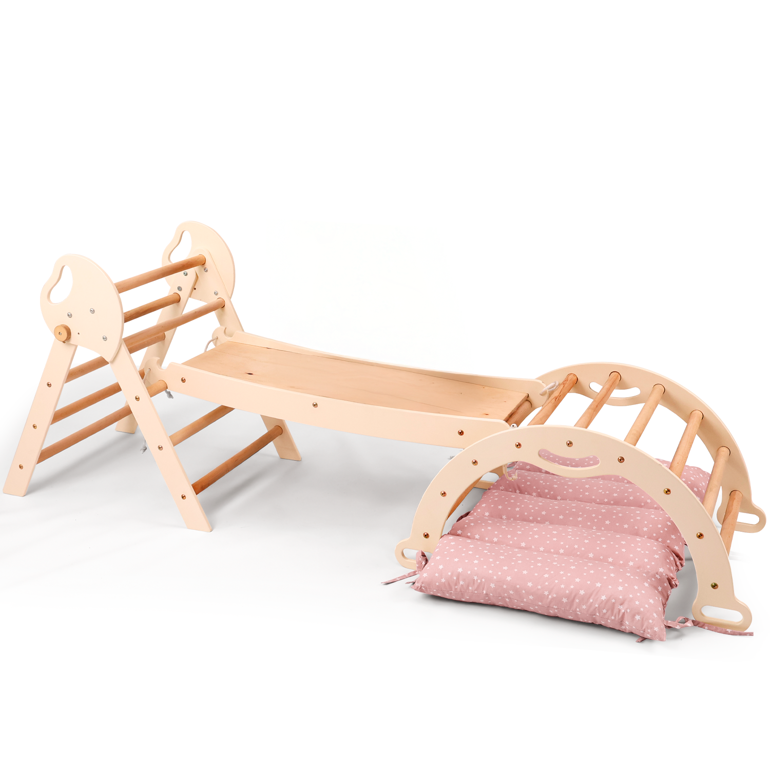 4in1 Montessori Climbing Frame: Pikler Triangle + Arch + Slide Board + Cushion for Toddlers (1–3 Years) - Ivory