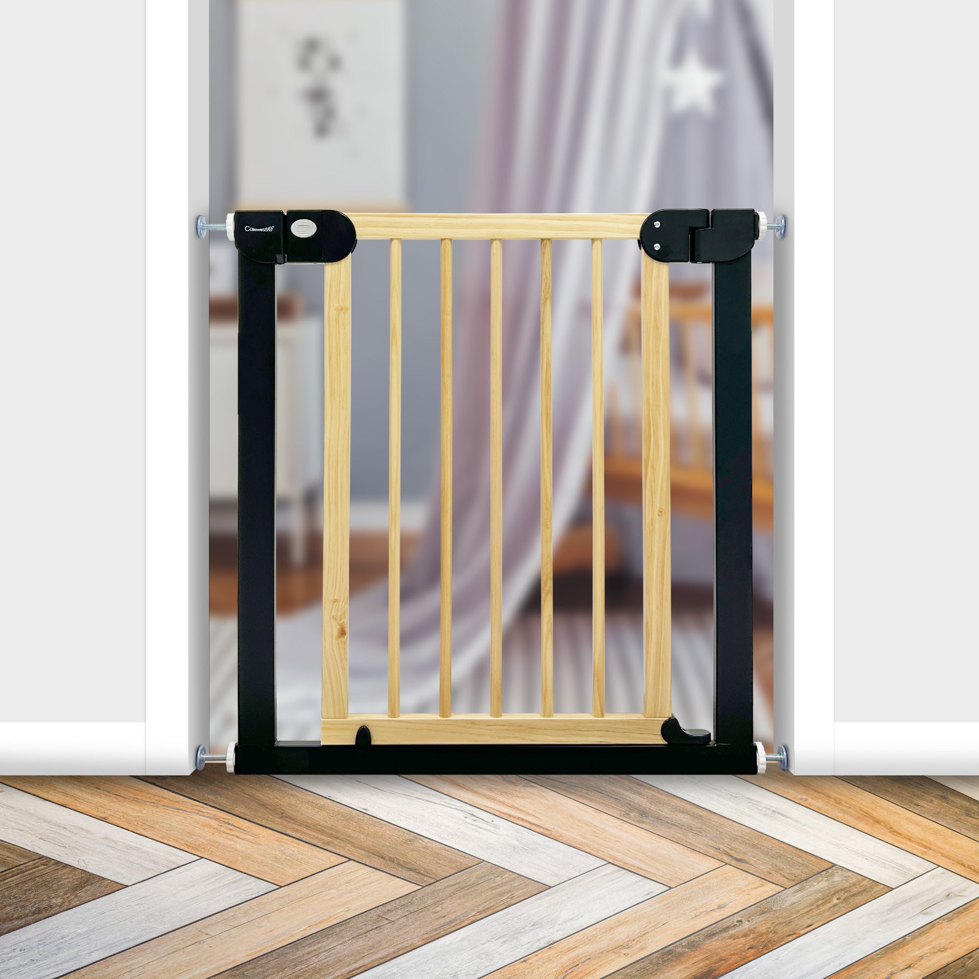 Callowesse Wood & Metal Pressure Fit Baby & Toddler Door & Stair Safety Gate | 76-83cm x H77cm - Black