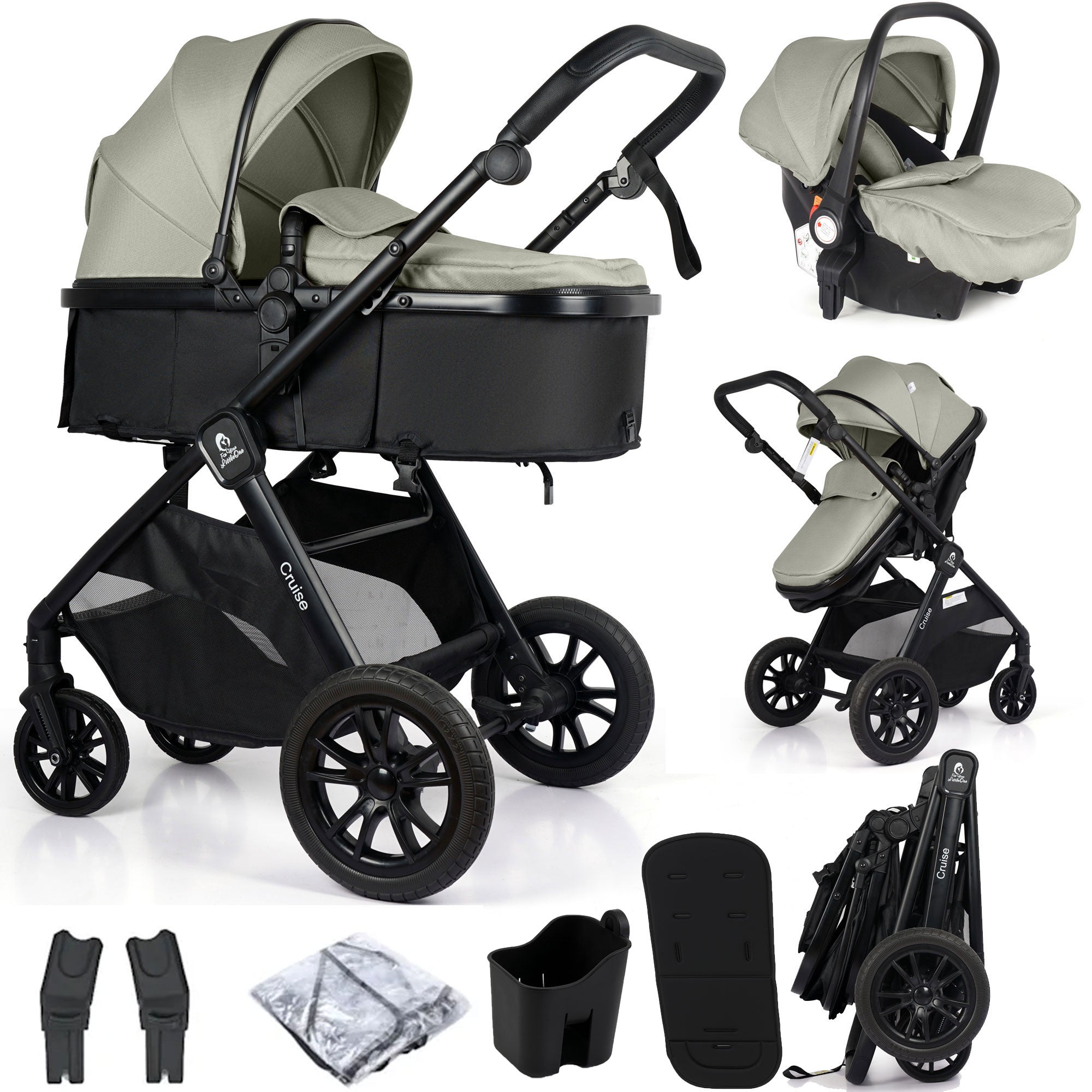 For Your Little One Cruise 3 In 1 Travel System With Car Seat - Pebble Sage (Free Cupholder And Seat Liner Included!)