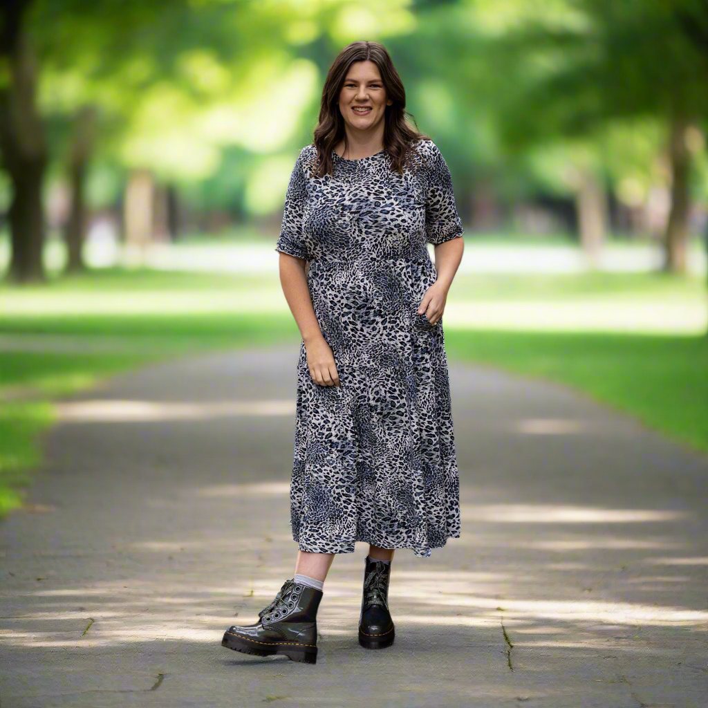 The Midi Breastfeeding Dress - Grey Leopard Cotton-2