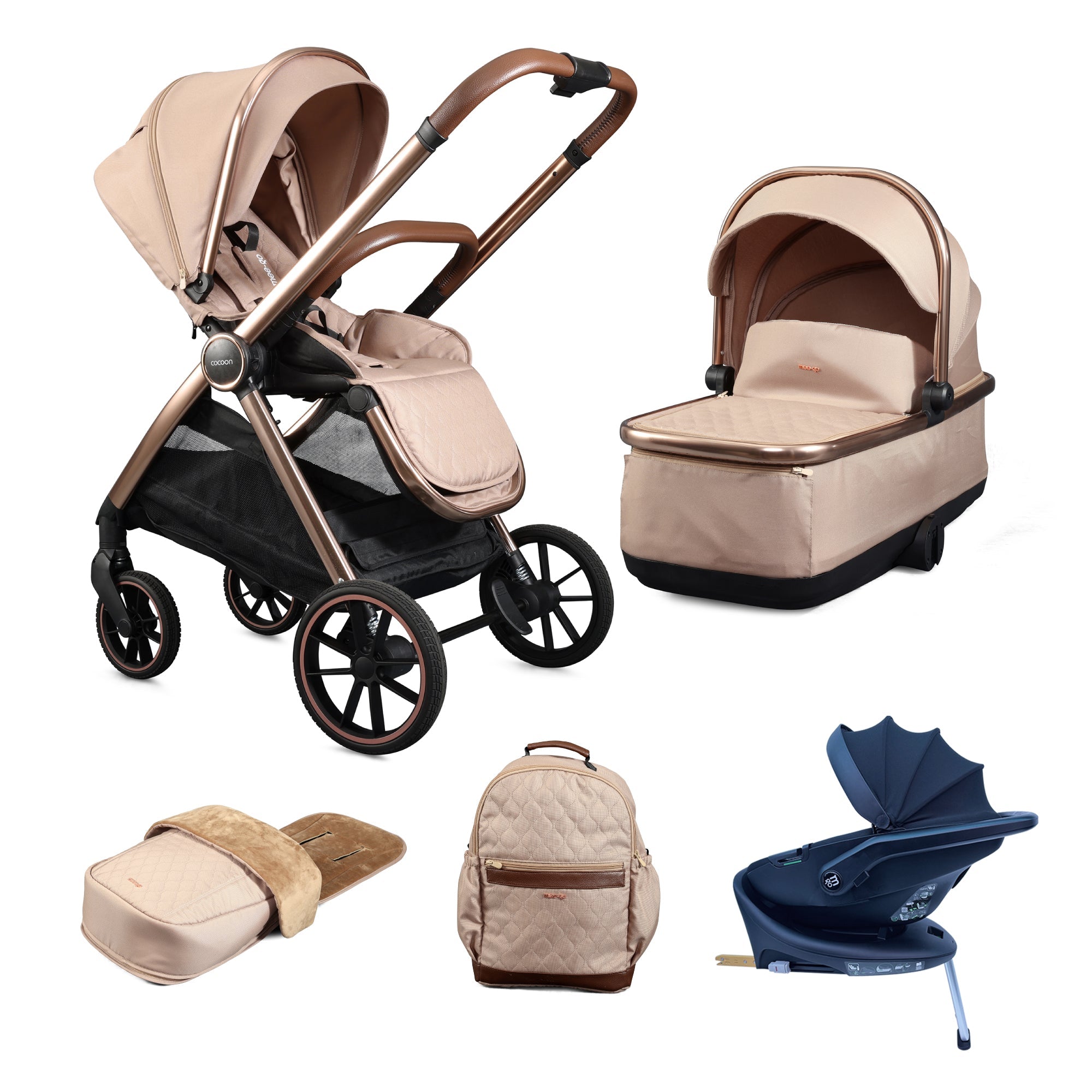 Mee-Go Cocoon Travel System with EVO Spin Car Seat and ISOFIX Base – Toffee