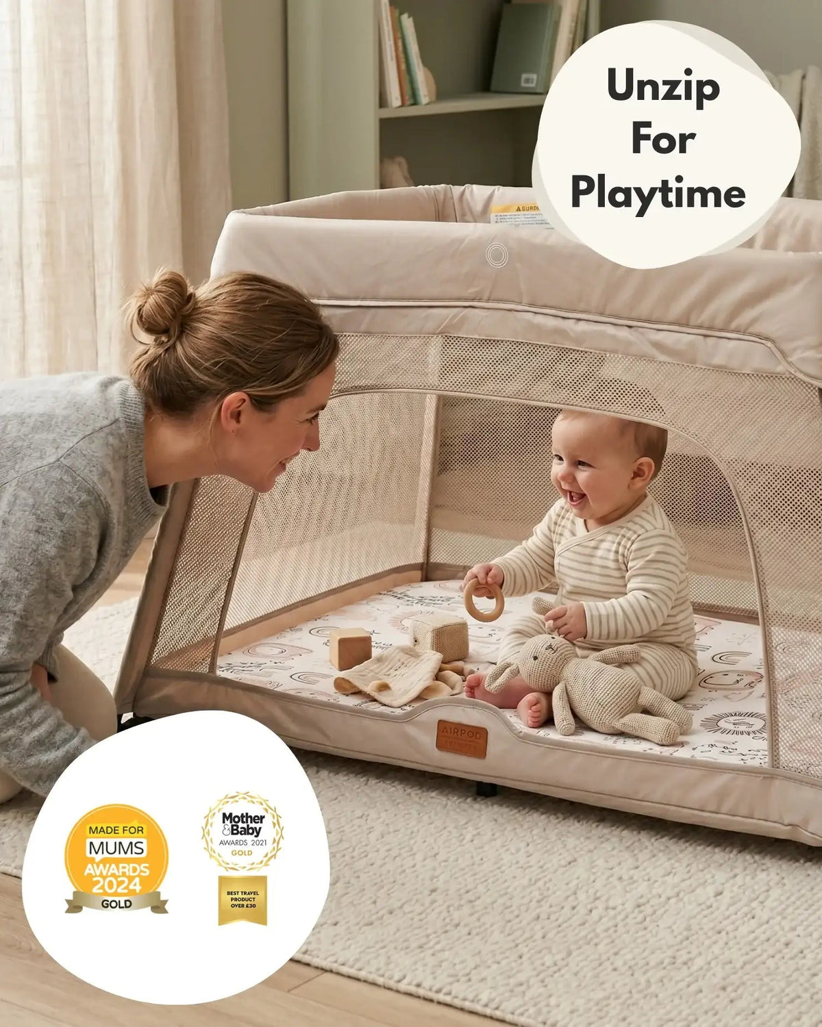 Airpod 3 Travel Cot Includes Newborn Bassinet Insert - Beige - Travel Cot