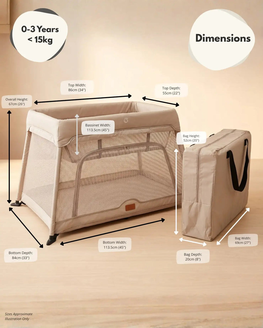 Airpod 3 Travel Cot Includes Newborn Bassinet Insert - Beige - Travel Cot