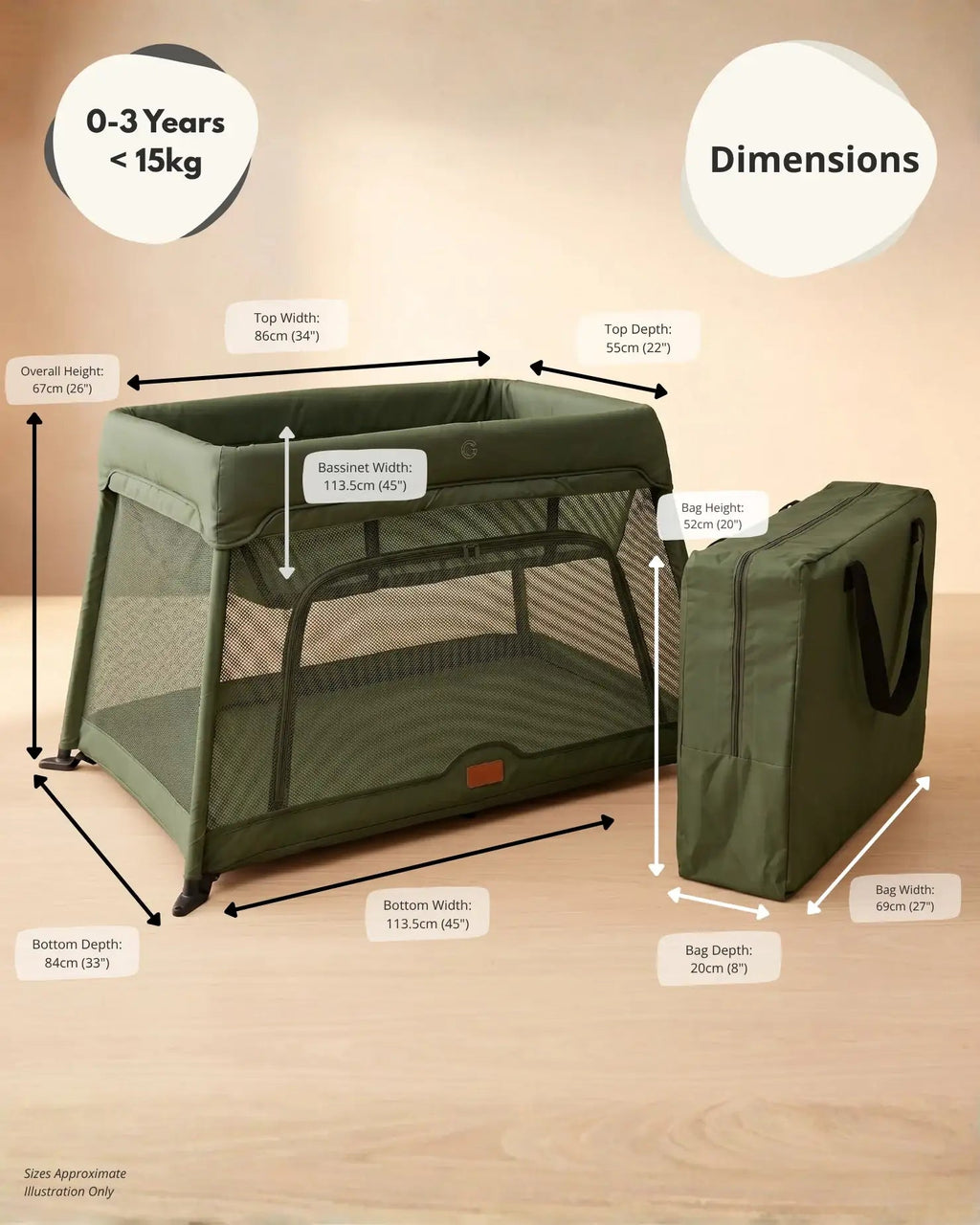 Airpod 3 Travel Cot Includes Newborn Bassinet Insert - Green - Travel Cot