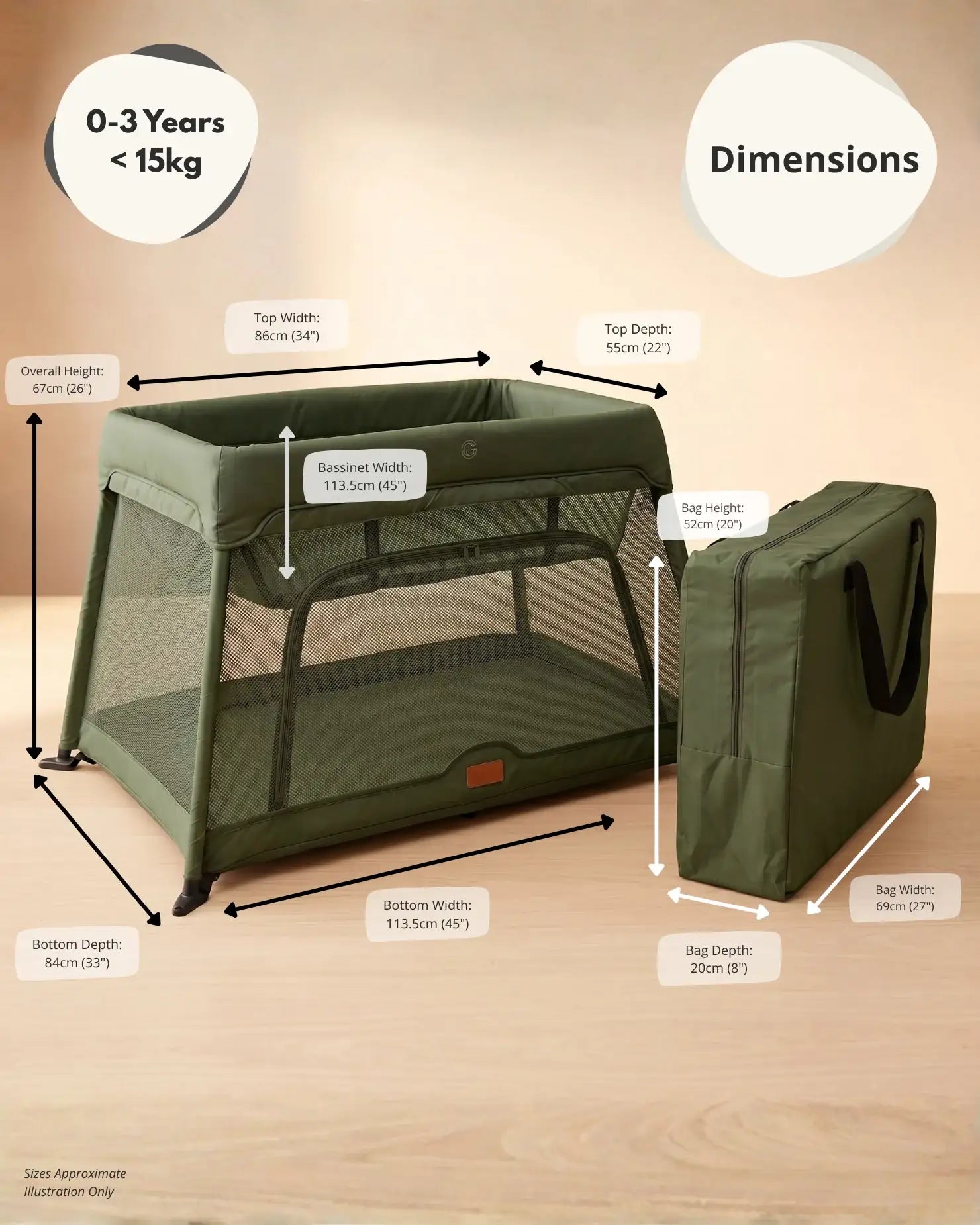 Airpod 3 Travel Cot Includes Newborn Bassinet Insert - Green - Travel Cot