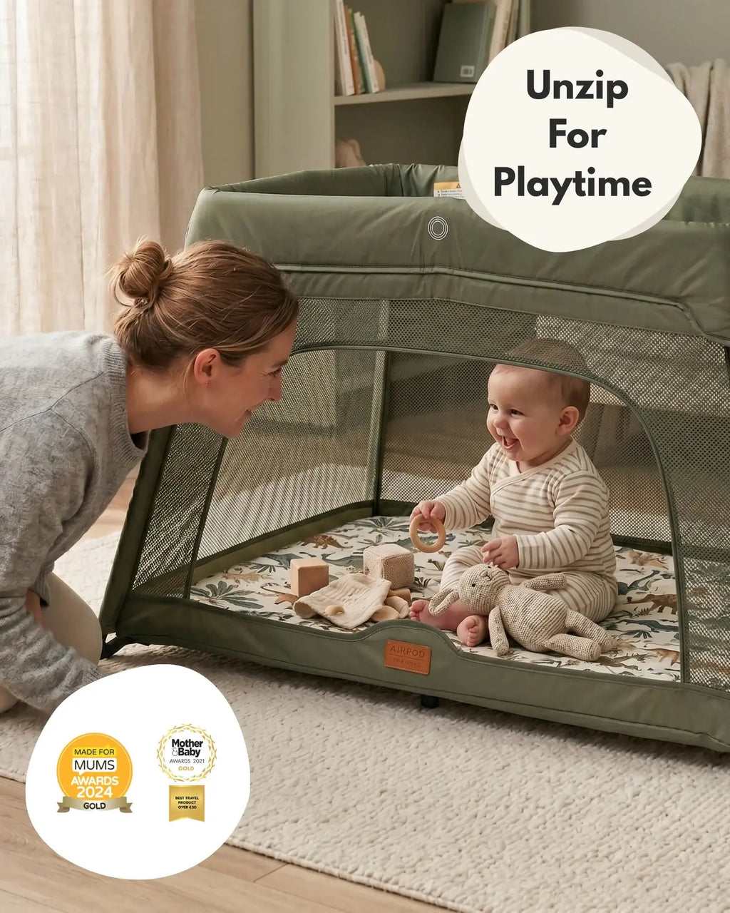 Airpod 3 Travel Cot Includes Newborn Bassinet Insert - Green - Travel Cot