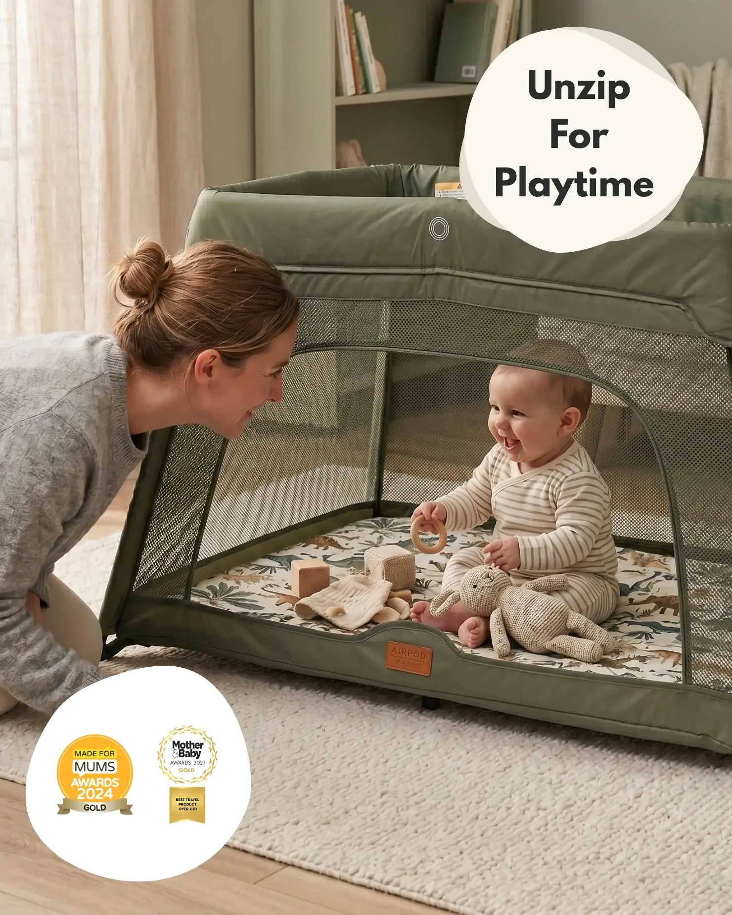 Airpod 3 Travel Cot Includes Newborn Bassinet Insert - Green - Travel Cot