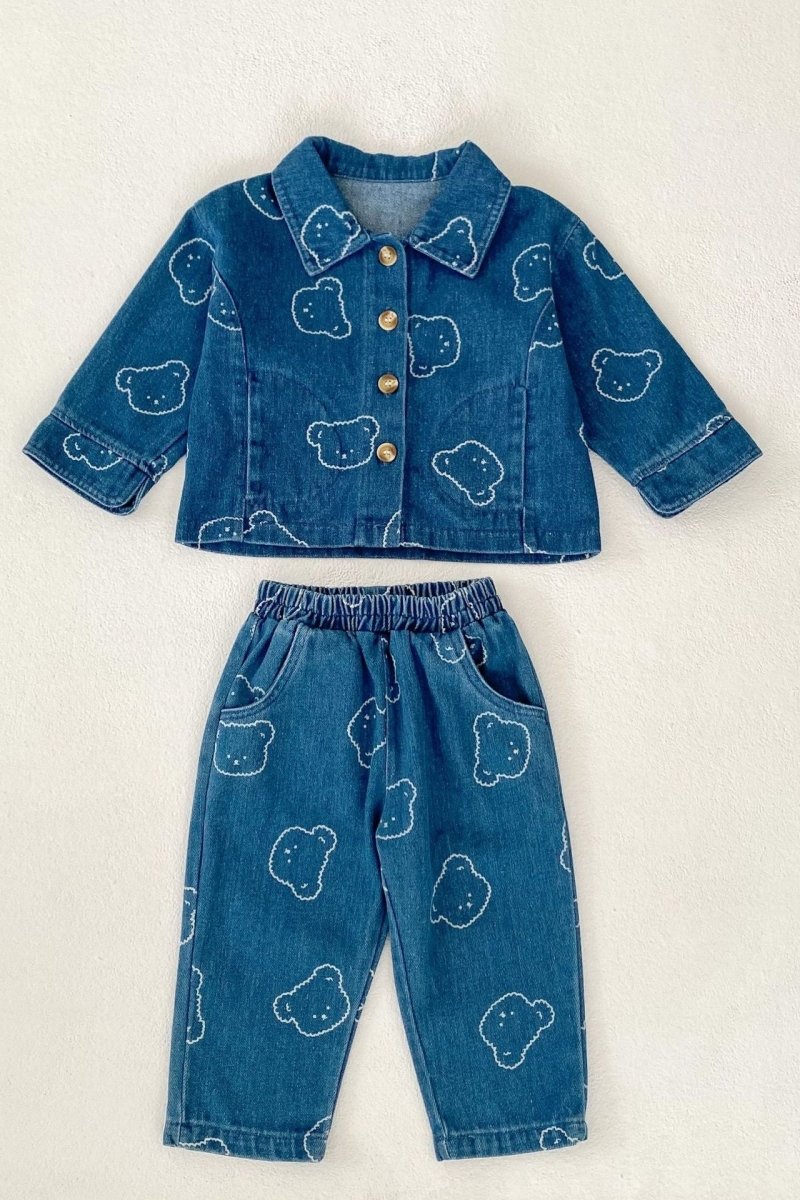 Baby Embroidered Bear Denim Two-Piece Set - Outfit Sets