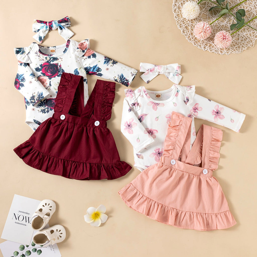 Baby Girl Printed Ruffle Romper Dress Set - Baby Clothing
