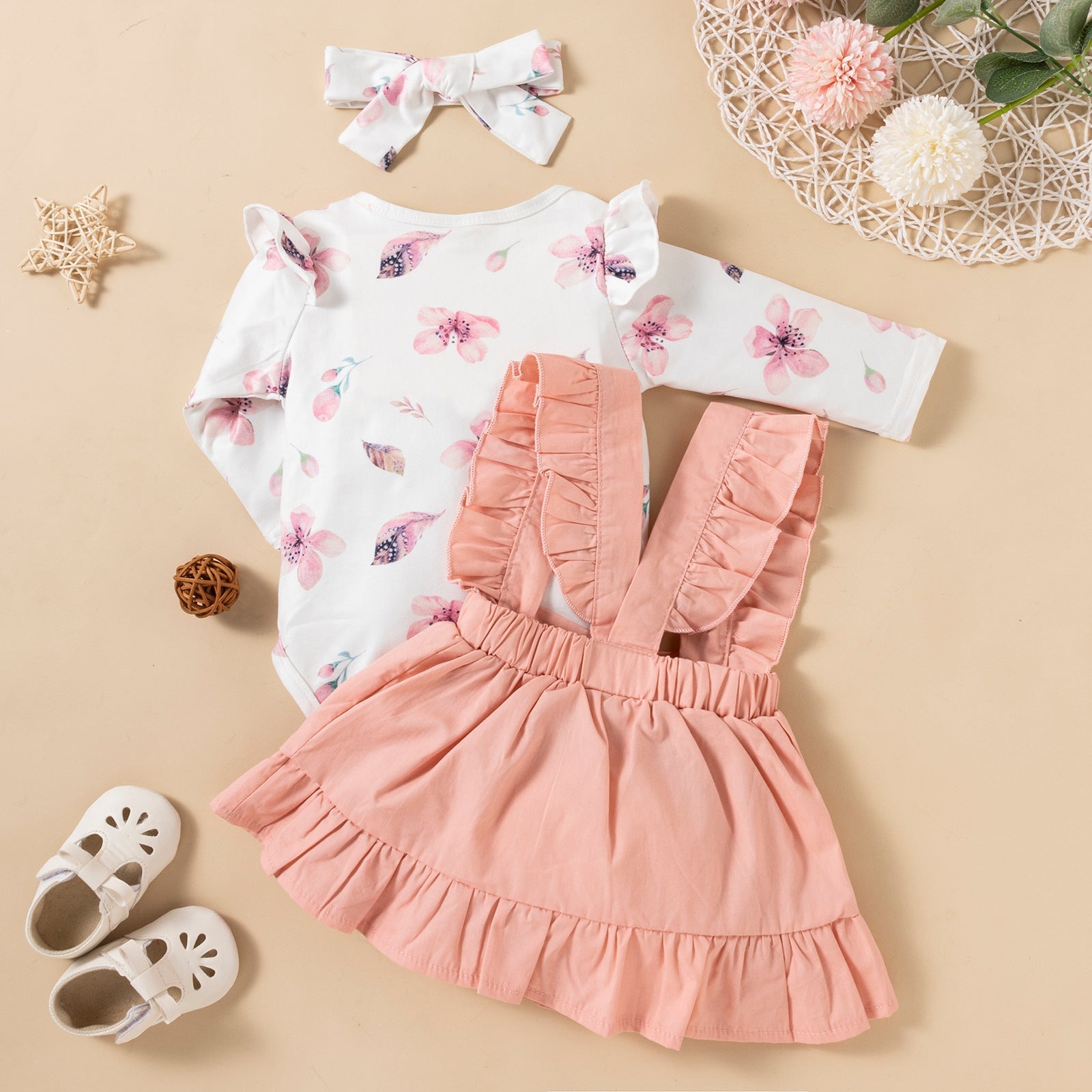 Baby Girl Printed Ruffle Romper Dress Set - Baby Clothing