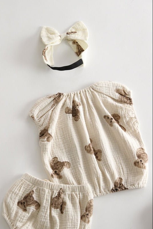 Bear 3 Piece Summer Set (T-Shirt Shorts & Headband) - Outfit Sets