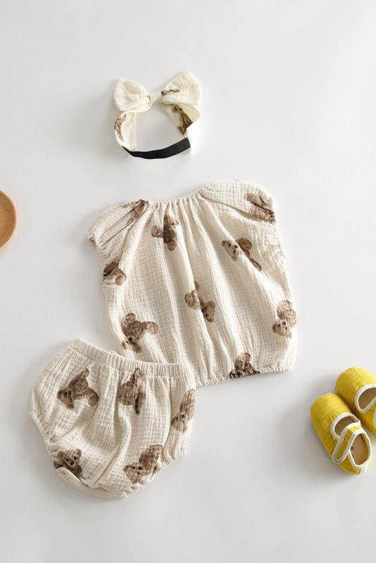 Bear 3 Piece Summer Set (T-Shirt Shorts & Headband) - Outfit Sets