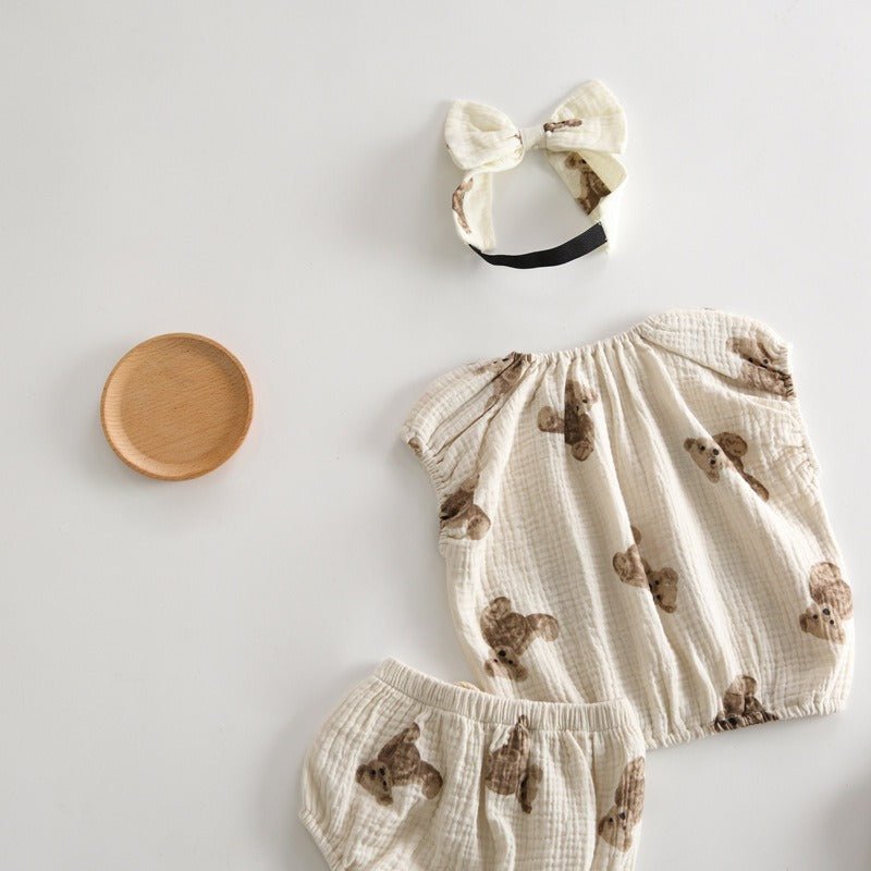 Bear 3 Piece Summer Set (T-Shirt Shorts & Headband) - Outfit Sets
