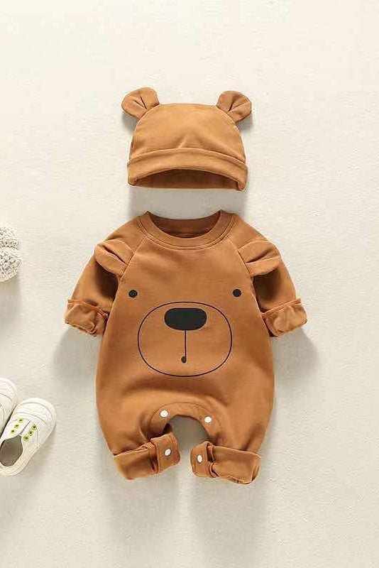 Bear Patch Romper Hat - Brown or White - Brown / 3-6 M - Rompers