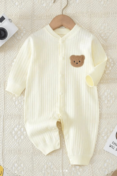 Bear Romper Ribbed 100% Cotton - Creme / 0-3 M - Rompers