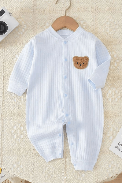Bear Romper Ribbed 100% Cotton - Light Blue / 0-3 M - Rompers