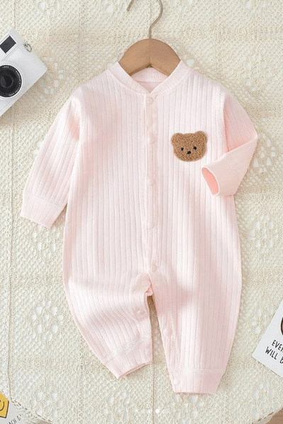 Bear Romper Ribbed 100% Cotton - Pink / 0-3 M - Rompers