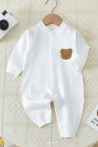 Bear Romper Ribbed 100% Cotton - White / 0-3 M - Rompers