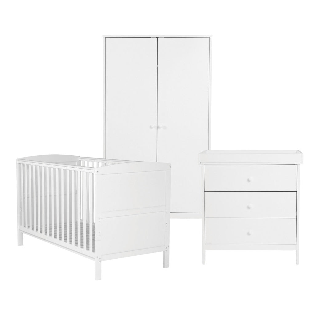 Bebe & Beyond Dreamer Cot Bed Wardrobe & Changer Three Piece Nursery Furniture Set - White - Nursery Furniture Set