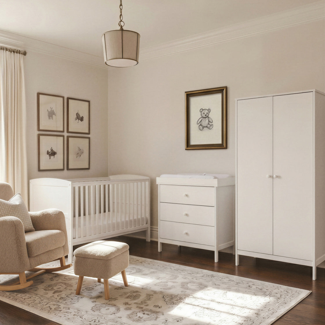 Bebe & Beyond Dreamer Cot Bed Wardrobe & Changer Three Piece Nursery Furniture Set - White - Nursery Furniture Set
