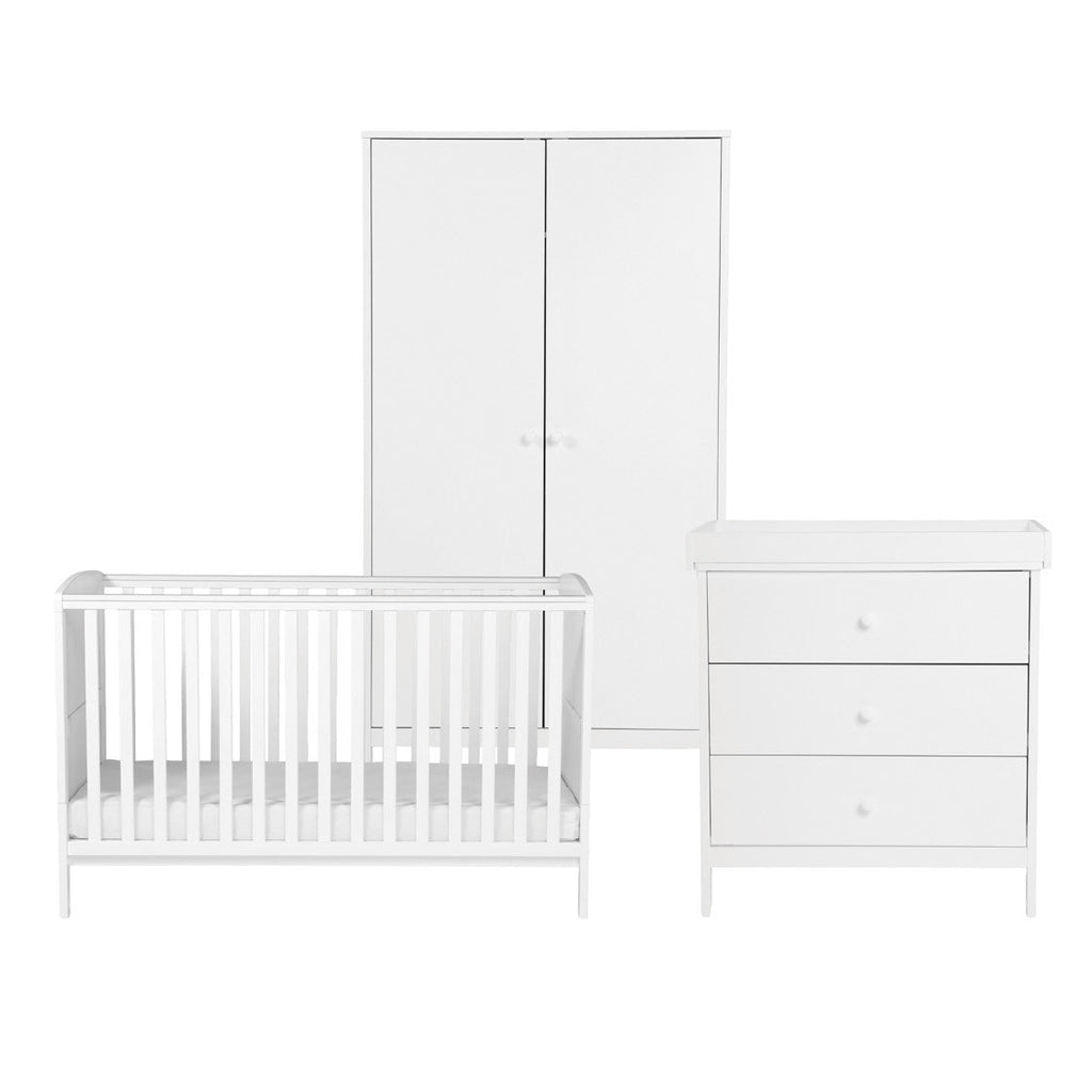 Bebe & Beyond Dreamer Cot Bed, Wardrobe & Changer Three Piece Nursery Furniture Set - White