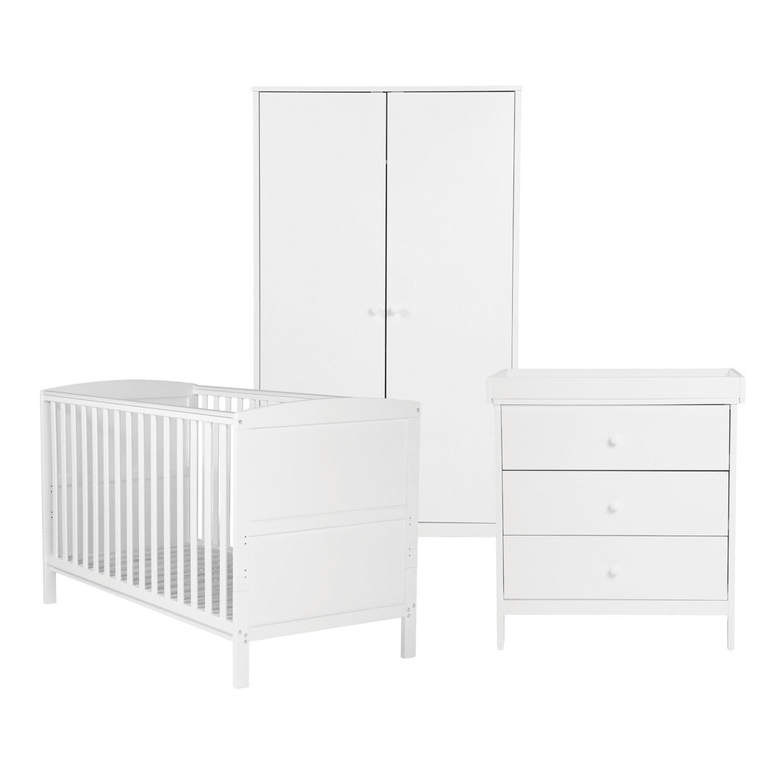 Bebe & Beyond Dreamer Cot Bed, Wardrobe & Changer Three Piece Nursery Furniture Set - White