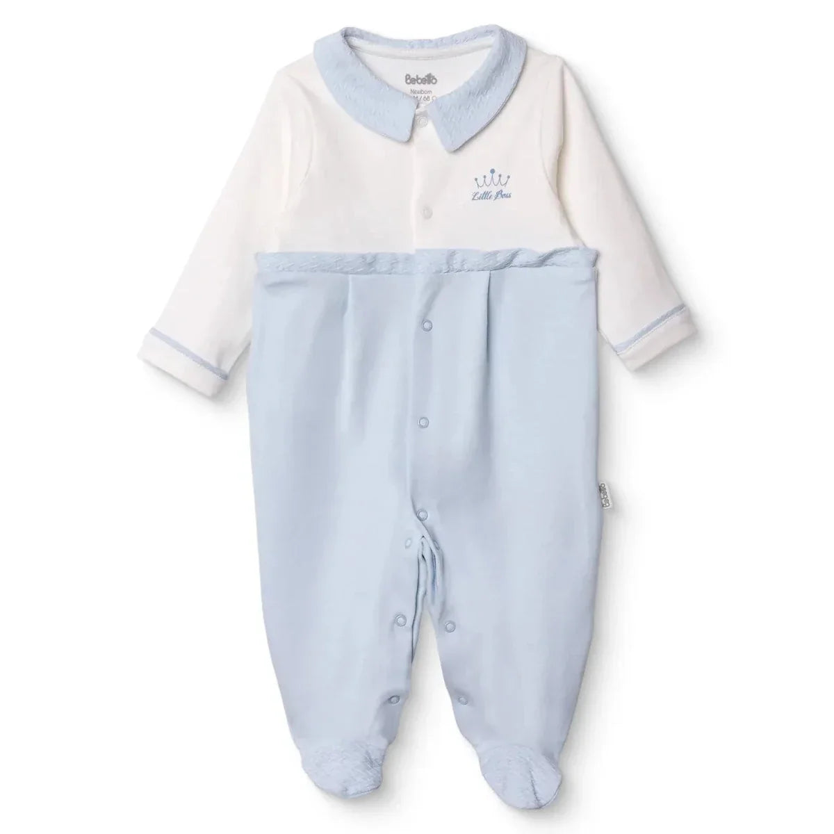Bebetto Boys Footed Sleepsuit Snap Fastening Little Boss Shirt Collar Full Length Long Sleeve - Blue - Baby Sleeping