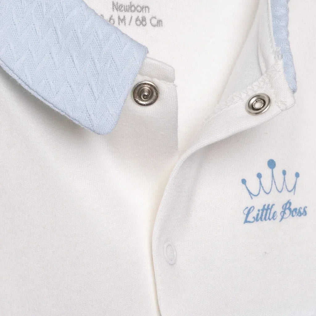 Bebetto Boys Footed Sleepsuit Snap Fastening Little Boss Shirt Collar Full Length Long Sleeve - Blue - Baby Sleeping