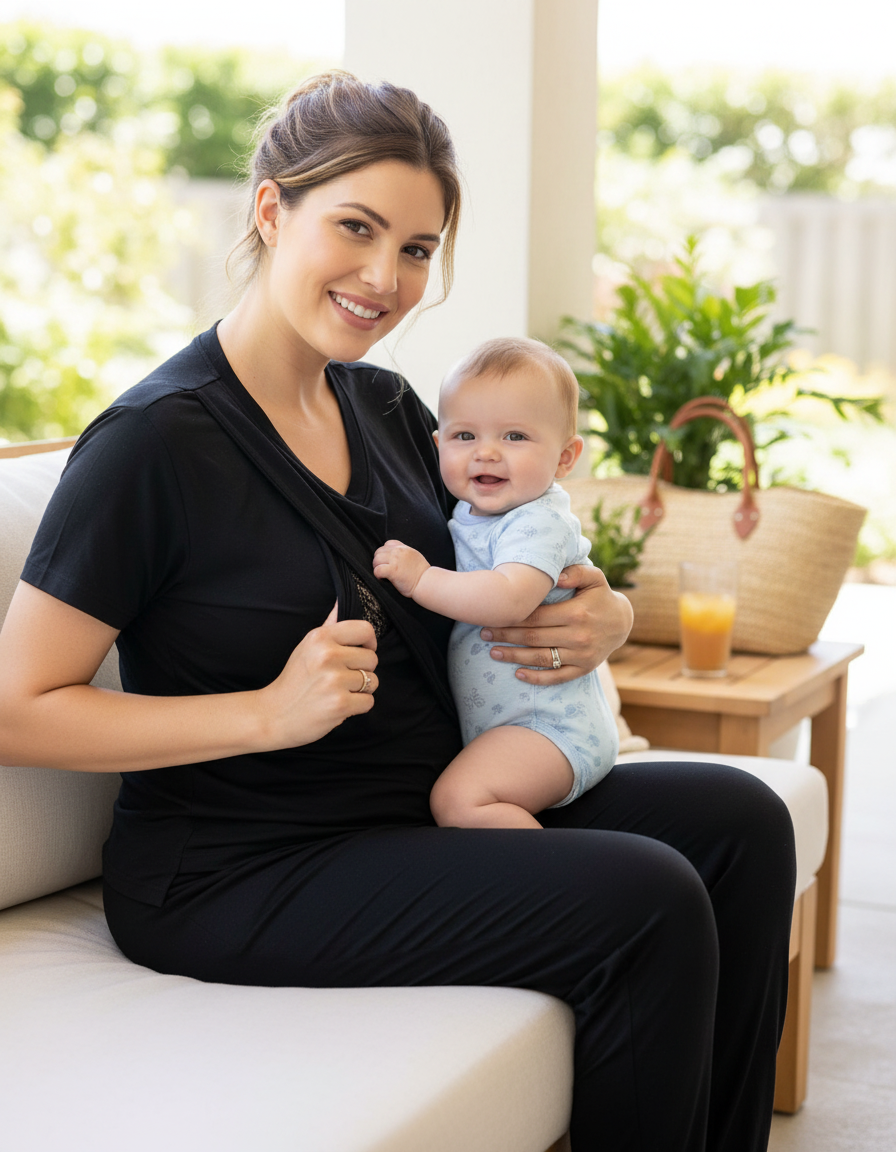 Black Luxurious Cotton Breastfeeding Loungewear Short Sleeve - Loungewear