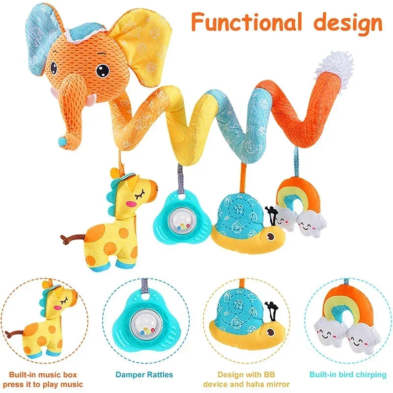 Newborns Spiral Hanging Activity Stroller Toy Baby Carseat Toy Black & White Lion Koala Rattle for Crib Mobile Sensory