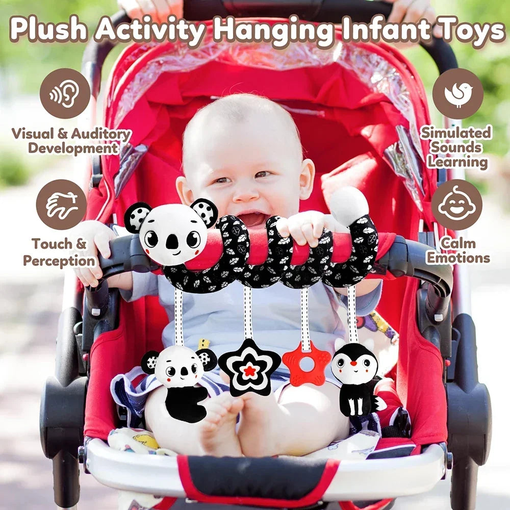 Newborns Spiral Hanging Activity Stroller Toy Baby Carseat Toy Black & White Lion Koala Rattle for Crib Mobile Sensory