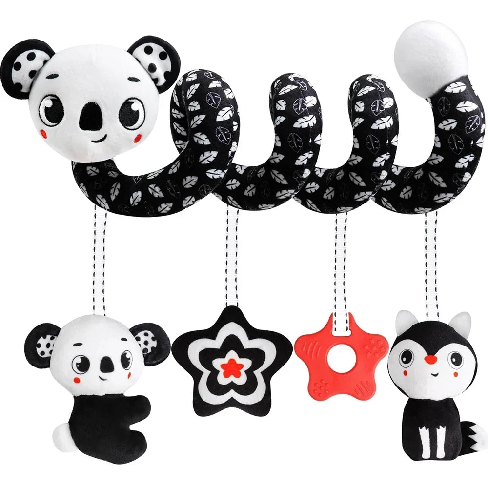 Newborns Spiral Hanging Activity Stroller Toy Baby Carseat Toy Black & White Lion Koala Rattle for Crib Mobile Sensory