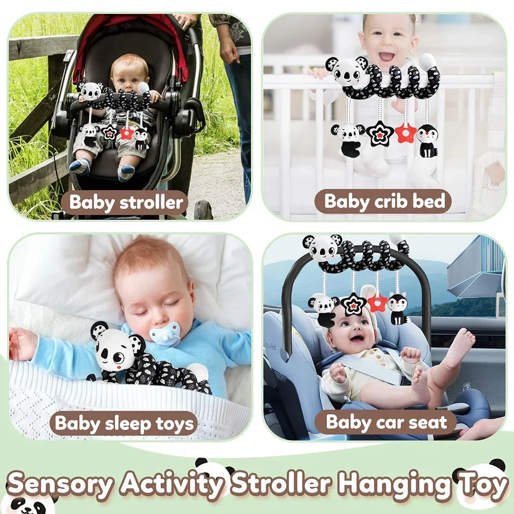 Newborns Spiral Hanging Activity Stroller Toy Baby Carseat Toy Black & White Lion Koala Rattle for Crib Mobile Sensory