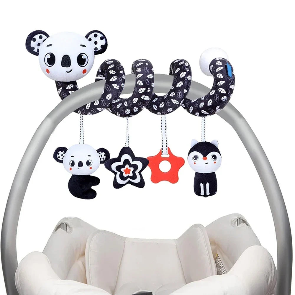 Newborns Spiral Hanging Activity Stroller Toy Baby Carseat Toy Black & White Lion Koala Rattle for Crib Mobile Sensory