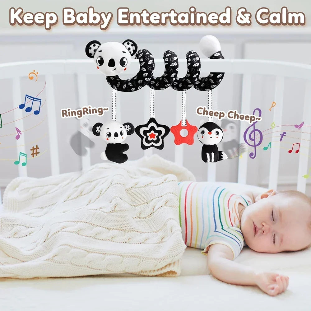 Newborns Spiral Hanging Activity Stroller Toy Baby Carseat Toy Black & White Lion Koala Rattle for Crib Mobile Sensory