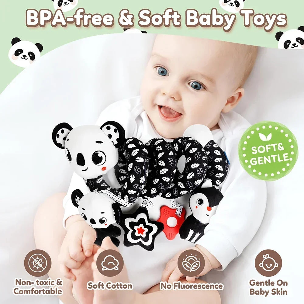 Newborns Spiral Hanging Activity Stroller Toy Baby Carseat Toy Black & White Lion Koala Rattle for Crib Mobile Sensory