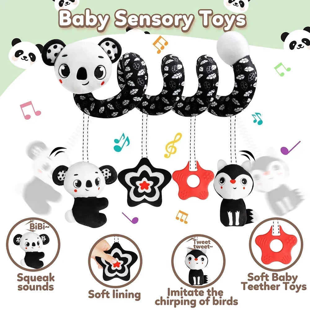 Newborns Spiral Hanging Activity Stroller Toy Baby Carseat Toy Black & White Lion Koala Rattle for Crib Mobile Sensory