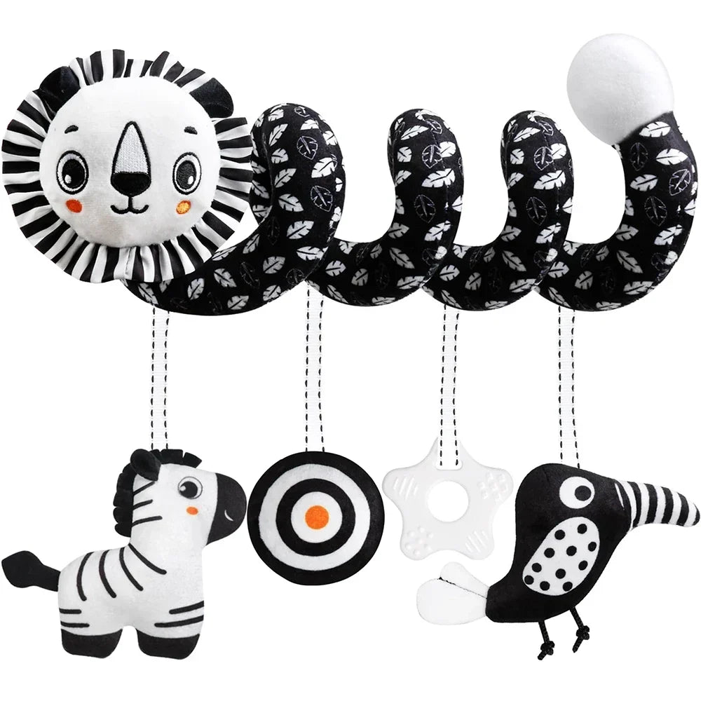 Newborns Spiral Hanging Activity Stroller Toy Baby Carseat Toy Black & White Lion Koala Rattle for Crib Mobile Sensory