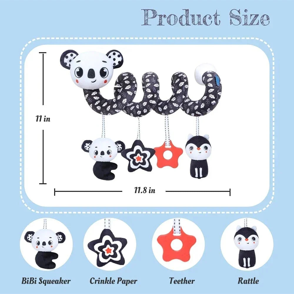 Newborns Spiral Hanging Activity Stroller Toy Baby Carseat Toy Black & White Lion Koala Rattle for Crib Mobile Sensory